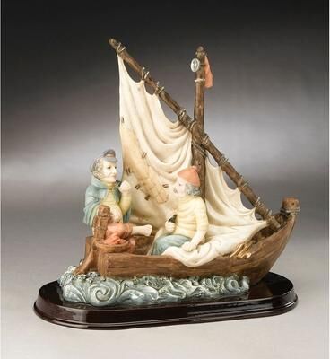 Orchard Creek Designs Clements Resin Two Fishermen in a Boat Figurine, Off White/Brown/Blue-Gray - Off White/Brown/Blue-Gray