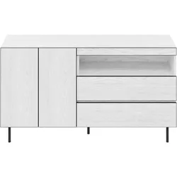 MODFU Sideboard aus Particle Board Weiß 140x42x77 cm mit Soft-Close, 2 Türen, 2 Schubladen und offenen Regalen