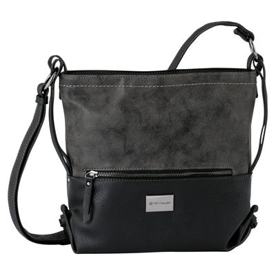 Umhängetasche TOM TAILOR "ELIN", Damen, Gr. B/H/T: 28,5cm x 26cm x 9cm, schwarz, Lederimitat, Taschen Umhängetasche, mit seitlichen Zierbändern