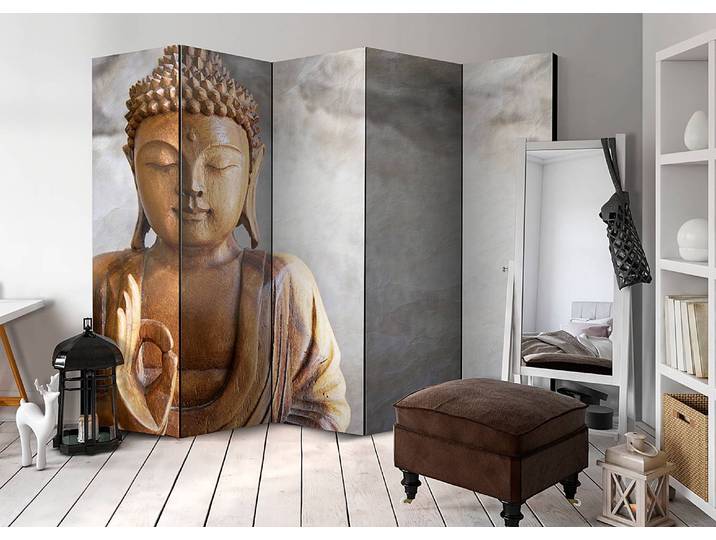 Paravent Buddha Akustik Vlies auf Kiefer Massiv Grau 225 x 172cm