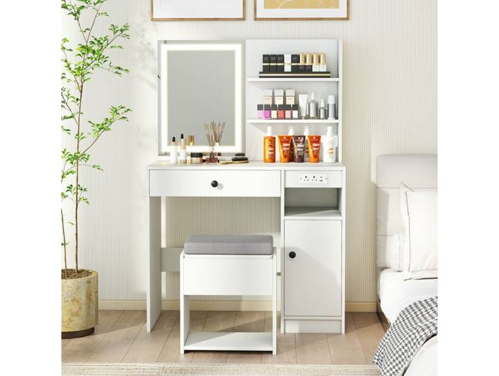 Coiffeuse avec Miroir et Tabouret -RELAX4LIFE- Prise Électrique - Tabouret Coussiné - 3 Modes d'Éclairage - Étagère Réglable -Blanc