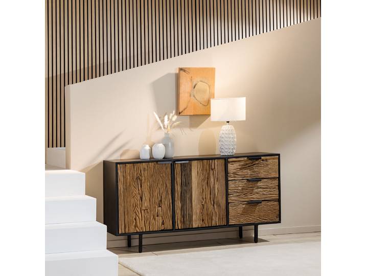 Massives Sideboard TODOKE 150 x 75 x 40cm Schwarz/Holz/Braun
