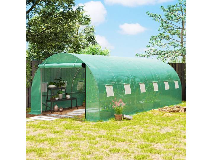 Outsunny Serre Tunnel Plastique Vert Cadre Acier Portes Enroulables