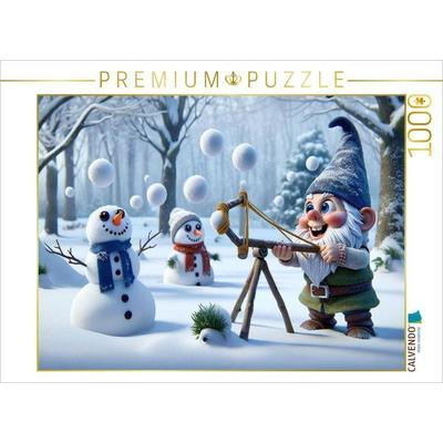 CALVENDO Puzzle Schelmische Winterfreuden: Ein Gartenzwergs Abenteuer im Schnee | 1000 Teile Lege-Größe 64x48cm Foto-Puzzle für glückliche Stunden