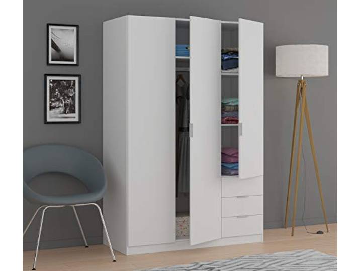 Dmora - Kleiderschrank 3 Türen Cimone, Kleiderbügel für Schlafzimmer, Kleiderschrank mit 3 Schubladen, 121x52h184 cm, Weiß