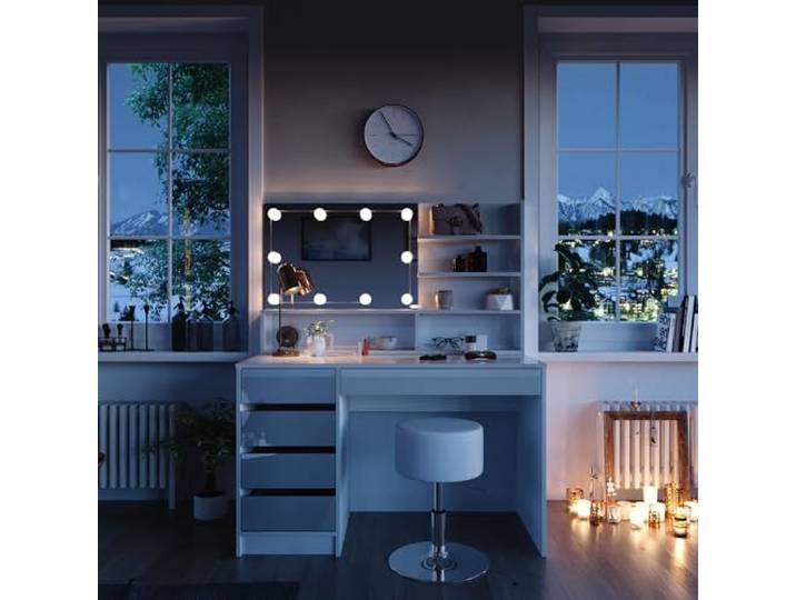 Vicco Schminktisch Sherry , Weiß 120 cm Spiegelregal mit LED-Lichterkette · 5 Schubladen · Freistehend · Grifflose Optik · Geräumige Tischplatte