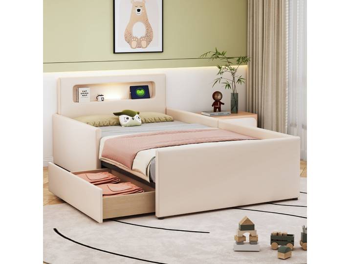 Rosahqnda Lit enfant rembourré 90 x 200 cm avec tiroir de rangement, protection antichute, lit simple pour garçons et filles, PU