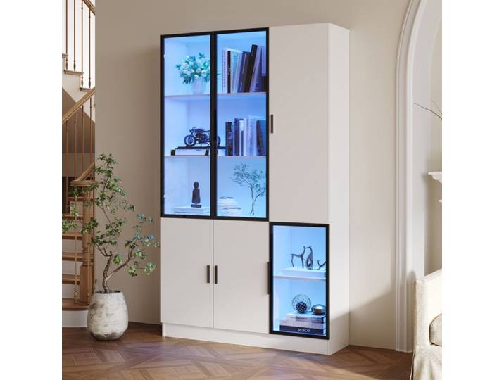 Vitrine haute avec LED – Blanche – Portes vitrées cadre aluminium – 120 x 35 x 200 cm