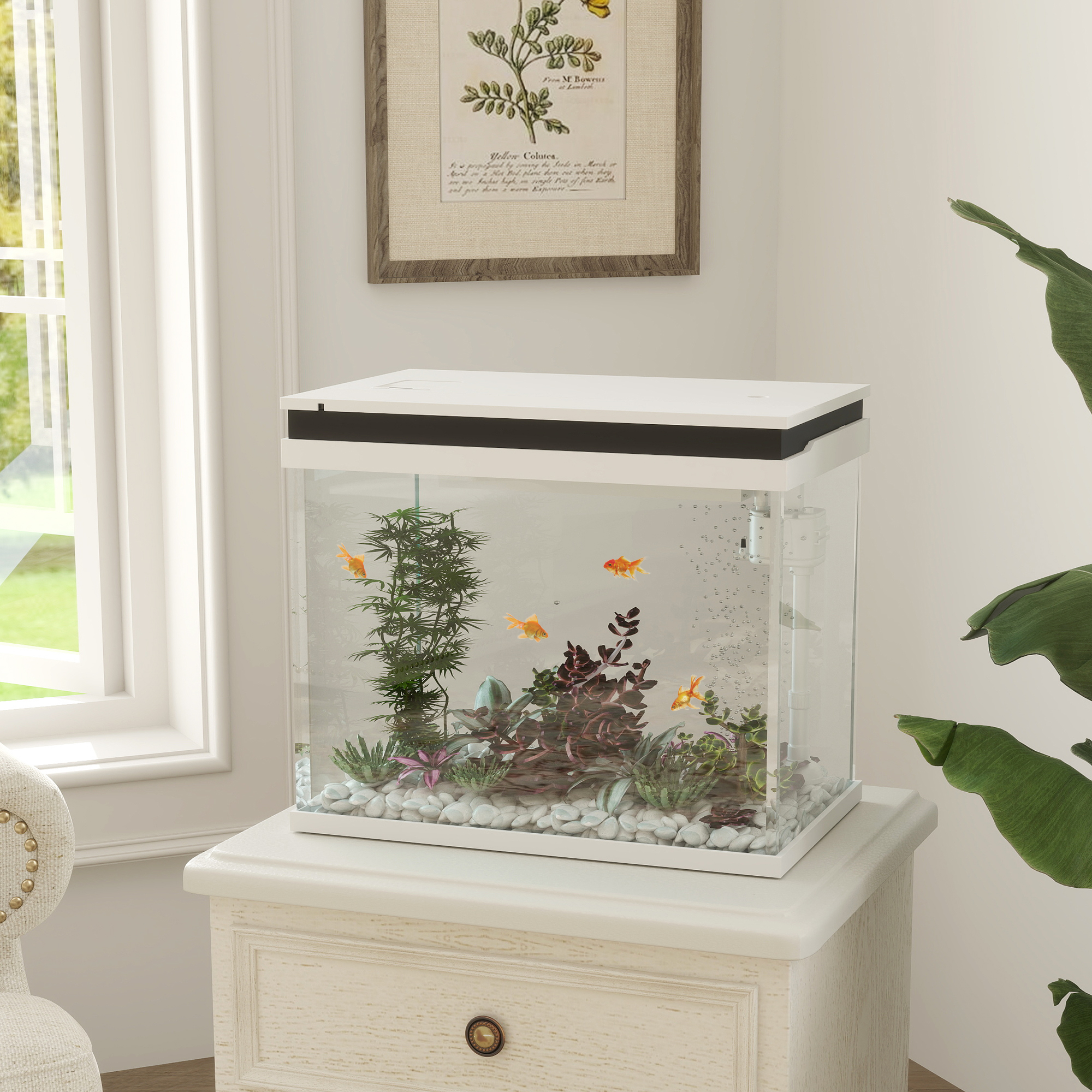 Pawhut Acquario in Vetro da 41 Litri con Sistema di Filtraggio, Luci LED, Pompa dell'Acqua, per Diverse Specie di Pesci, Bianco