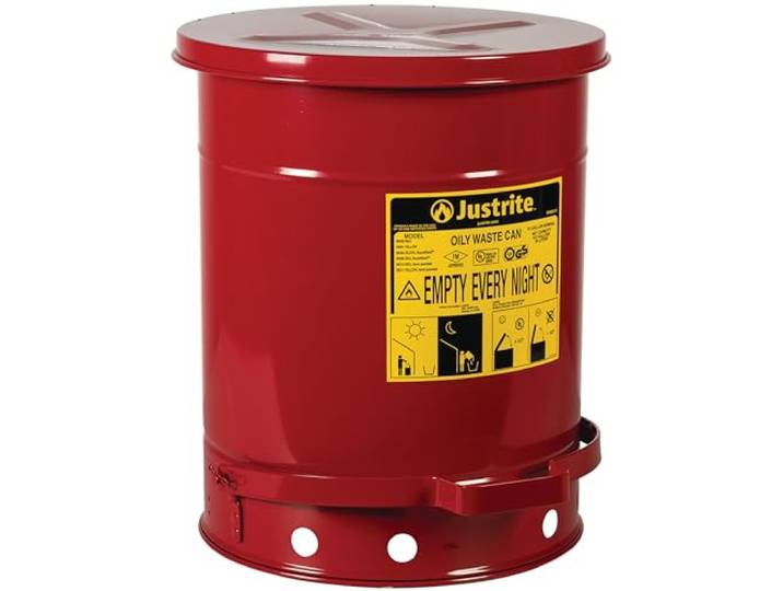 Justrite SoundGuard Stahl öliger Abfallbehälter mit fußbetätigtem Deckel, 38 L, Rot