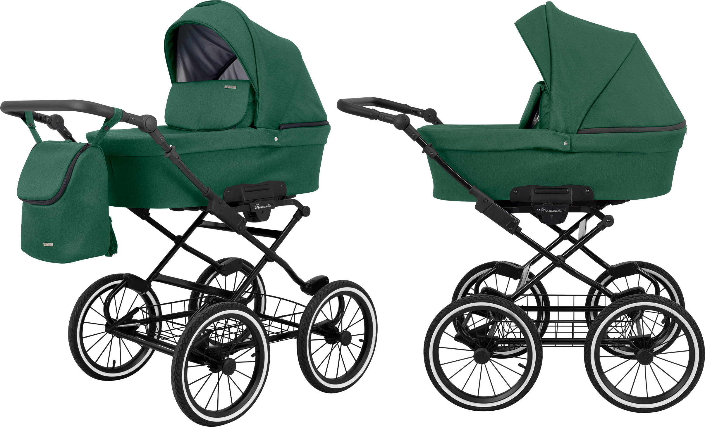 Kinderwagen ROMANTIC Babywagen Babyschale Kinder Wagen Set 1 in 1 (grün, Rahmenfarbe: schwarz Rahmen)