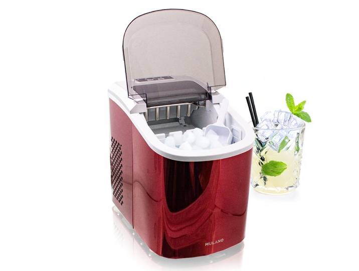 Mulano Elektrischer Eiswürfelbereiter Design Edelstahl Rot, mit transparentem Deckel MS-17106