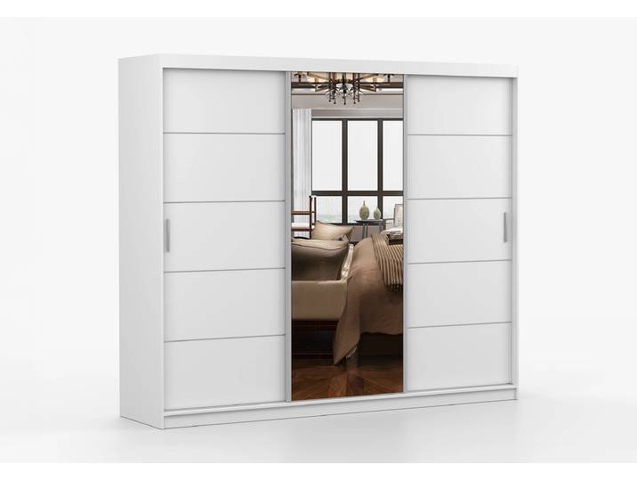 Schwebetürenschrank LION 250 cm Weiß Weiß + Spiegel