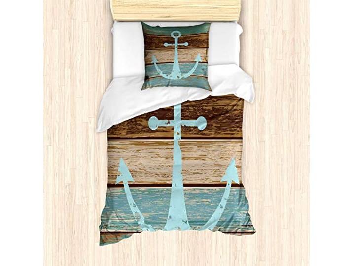 ABAKUHAUS Anker Bettbezug Set für Einzelbetten, Nautical Rustic, Milbensicher Allergiker geeignet mit Kissenbezug,Hellblau Blaugrün