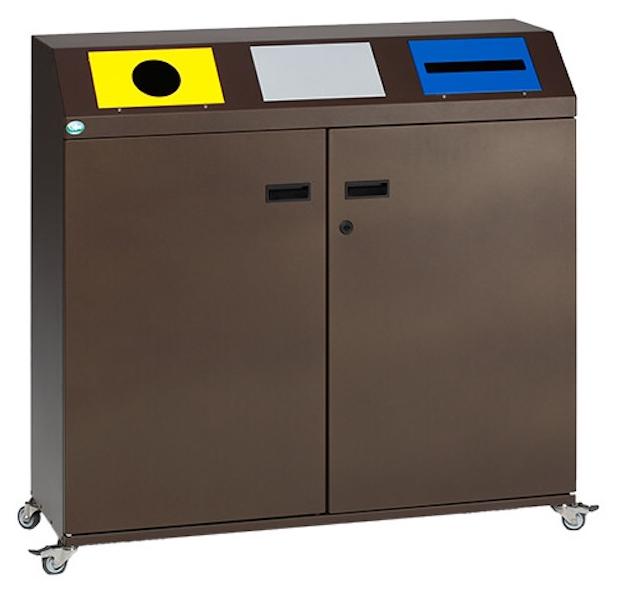 Selbstlöschende Wertstoffsammelstation eckig mit 3 Einsätzen | 80 Liter je Behälter, HxBxT 97,5x108x37,5cm | Verzinkter Stahl | Braun