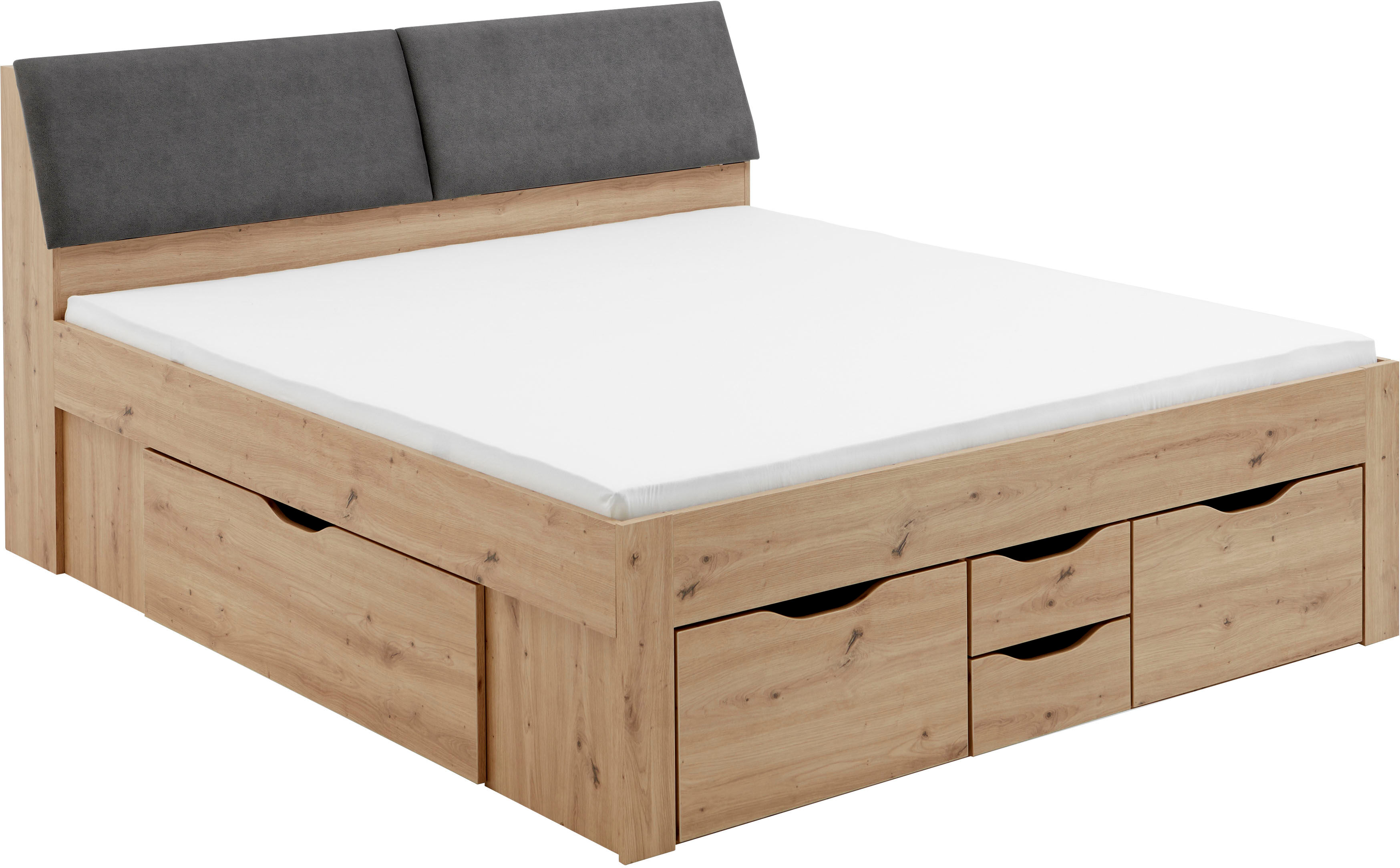 Stauraumbett RELITA "Maxi", braun (eiche artisan), B:185cm H:103,8cm L:237,5cm, Bezug Kopfteil: 100% Polyester, Betten, Stauraumbett, mit Schubladen und Stauraum im Kopfteil eiche artisan Liegefläche Länge B: 200cm x 180cm, ohne Lattenrost, Höhe Bett: 103