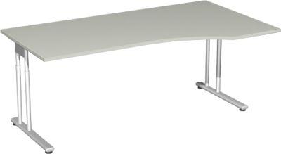 Schreibtisch mit Ansatz PALENQUE, C-Fuß, Freiform, manuelle Höhenverstellung, Ansatz rechts, B 1800 x T 800/1000 x H 680-820 mm, lichtgrau