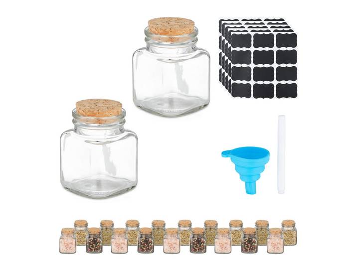 Relaxdays Gewürzgläser Transparent Natur 20er-Set Korkdeckel 100 ml, Glas, Naturmaterialien, Kunststoff, 5x7x5 cm, Küchenzubehör, Vorratsbehälter, Gewürzgläser