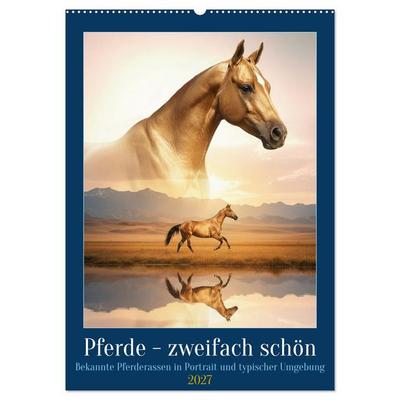 Pferde - zweifach schön (Wandkalender 2027 DIN A2 hoch), CALVENDO Monatskalender