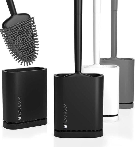 Unyqoos siliconen toiletborstel met platte flexibele borstelkop en wandhouder zonder boren, mat zwart