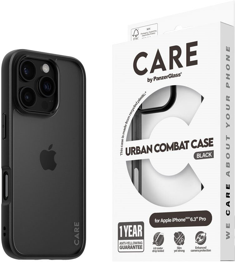 CARE by PanzerGlass iPhone 16 Pro FLAGSHIP Urban Combat Cover - Transparent / Black Frame