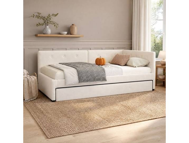 Lit banquette - ZEVKOR - 90×200 / 90×190 - gigogne - velours beige - sans matelas