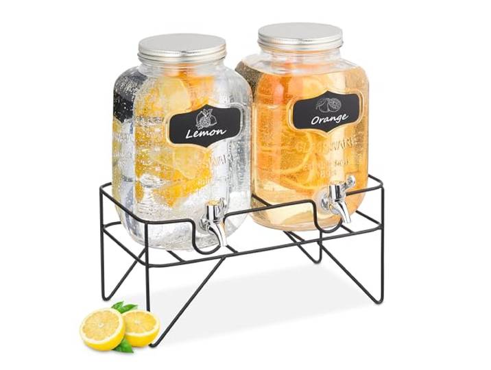Relaxdays Getränkespender mit Ständer, 2 Limobehälter je 4L, Zapfhahn aus Kunststoff, Glas Wasserspender, transparent