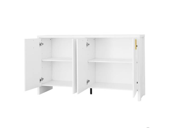 Buffet bas blanc – 4 portes – poignées dorées – étagères réglables – 140 x 38 x 80 cm