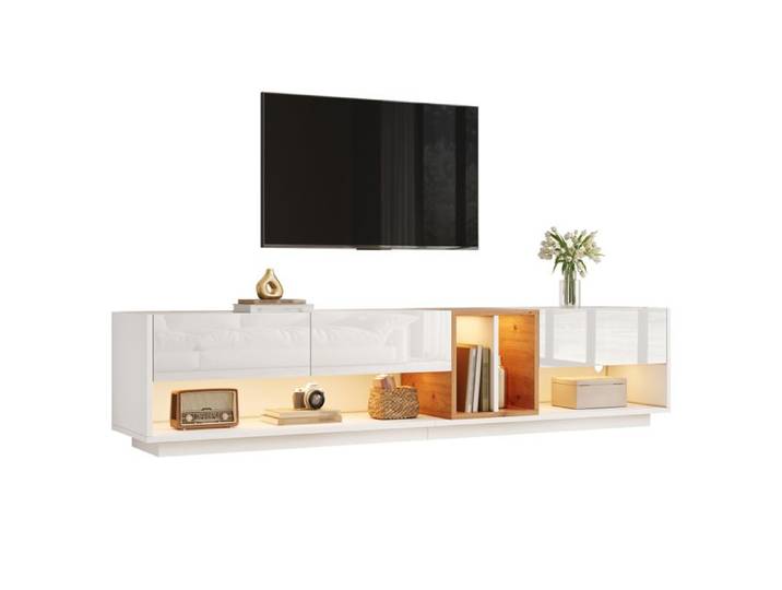 190cm Meuble TV LED Blanc Laqué Brillant avec Rangement Salon