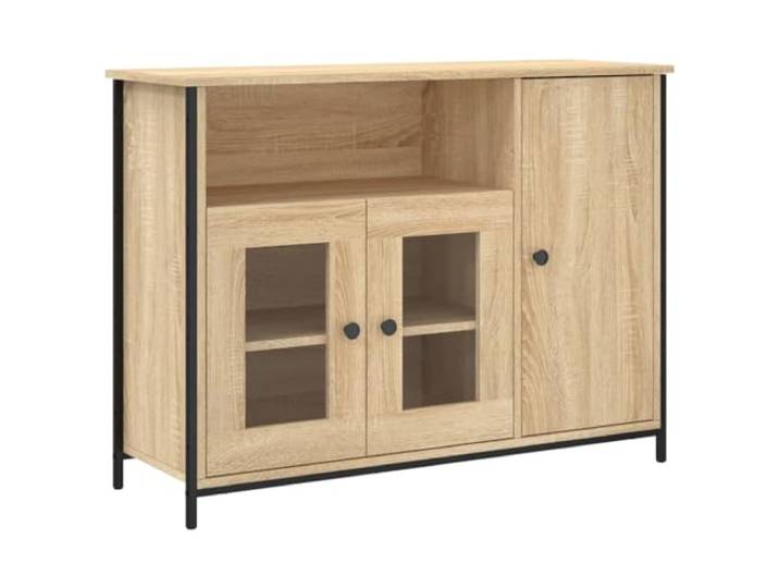 Makastle Sideboard Sonoma-Eiche 100x35x75 cm aus Holzwerkstoff mit Glasfronttüren