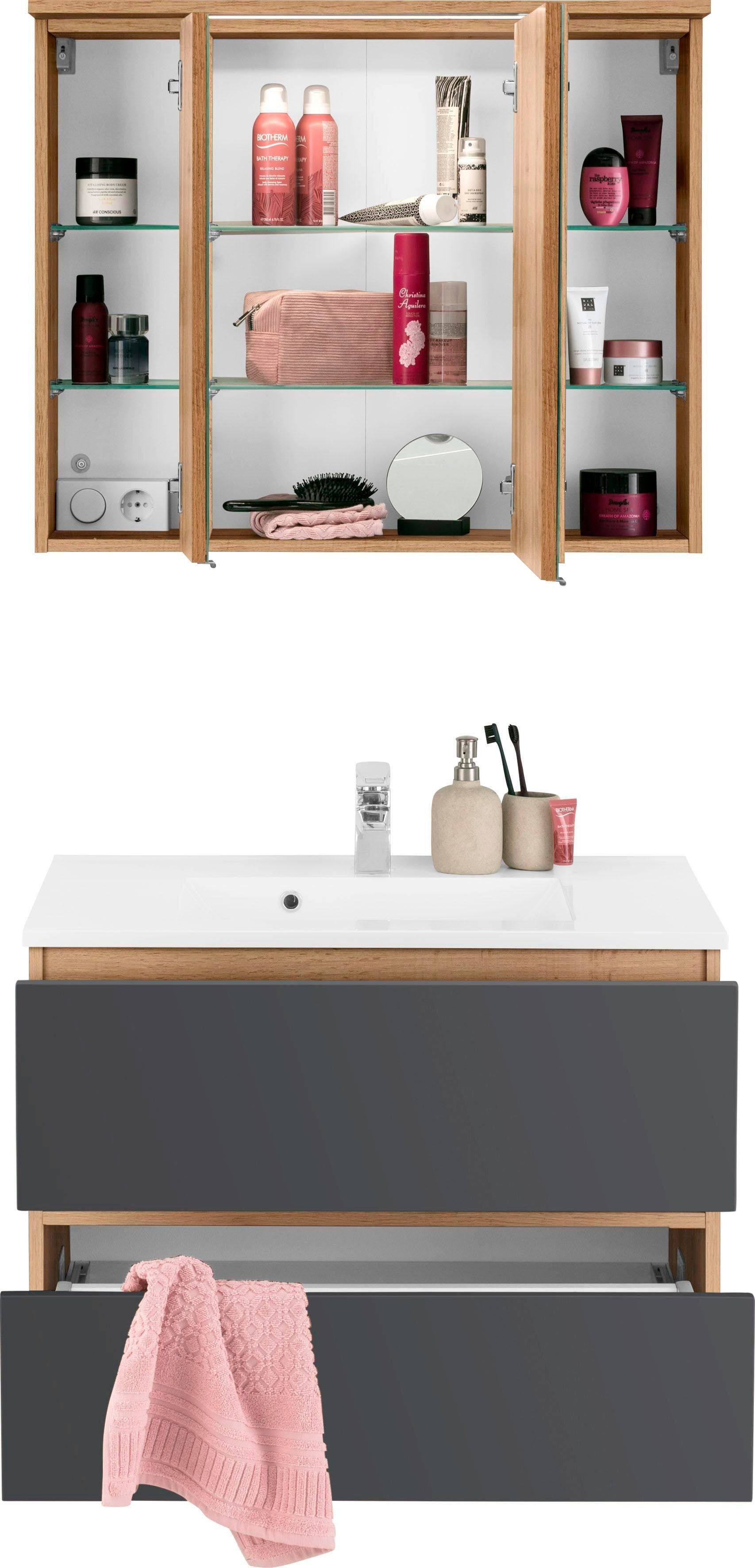 Badmöbel-Set WELLTIME "Lucca", grau (eichefarben, grau), Kastenmöbel-Sets, Badmöbel-Set, Breite 80 cm, mit direkter LED-Beleuchtung