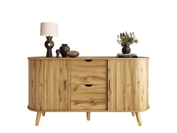 Buffet 140x40x79 5cm 2 portes coulissantes 2 tiroirs grain vertical pieds en bois massif et armoire d'angle arrondie pour salon