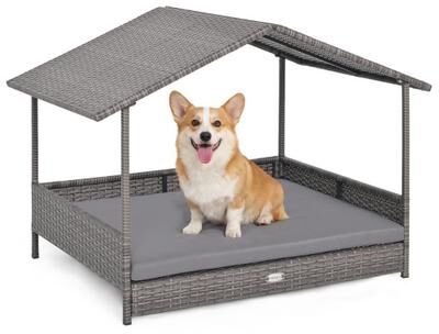 Costway Wicker Dog House Elevated PE Rattan Dog Bed with Canopy-Gray