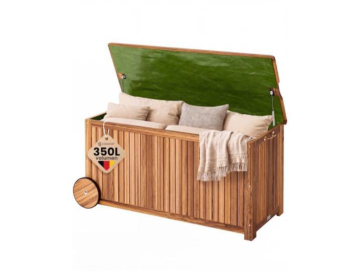 Coffre de rangement en Bois d'Acacia - 350L CASARIA® avec Roues Bâche intérieure - Malle pour Jardin Terrasse Balcon