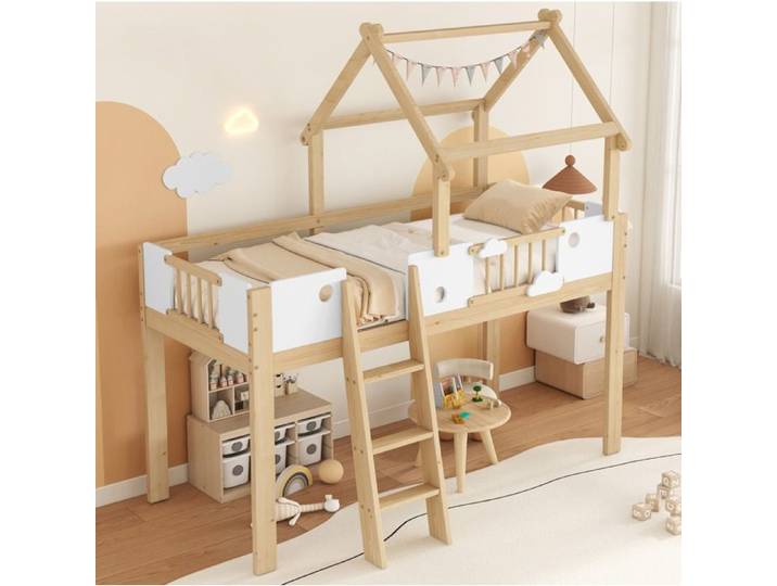 MEULVA Lit mezzanine enfant 90x200 cm avec toit barrières de sécurité échelle 3 marches blanc et naturel