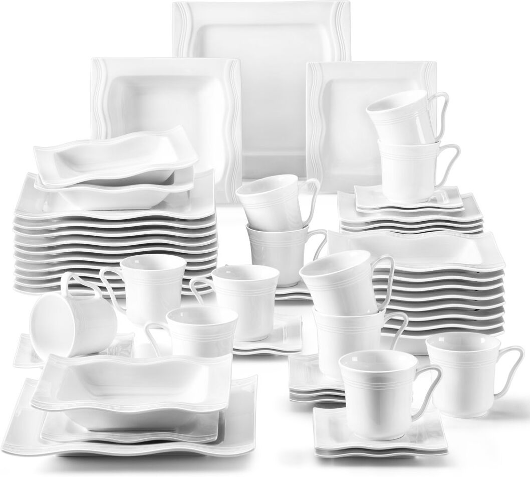 MALACASA 60 Piece Porcelain China Dinnerware Set, Service for 12 Cream;White 60