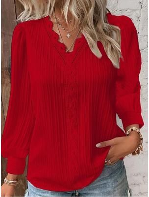 Uplifted Finds Womens Lace Stitch Pullover Chiffon V Neck Long Sleeve Blouse 3xl red