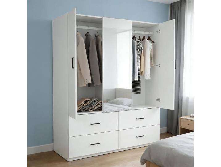 Armoire de Chambre Blanche avec 2 Portes 4 Tiroirs Armoire Penderie avec Miroir Armoire Dressing Rangement Modern 130x52x182cm