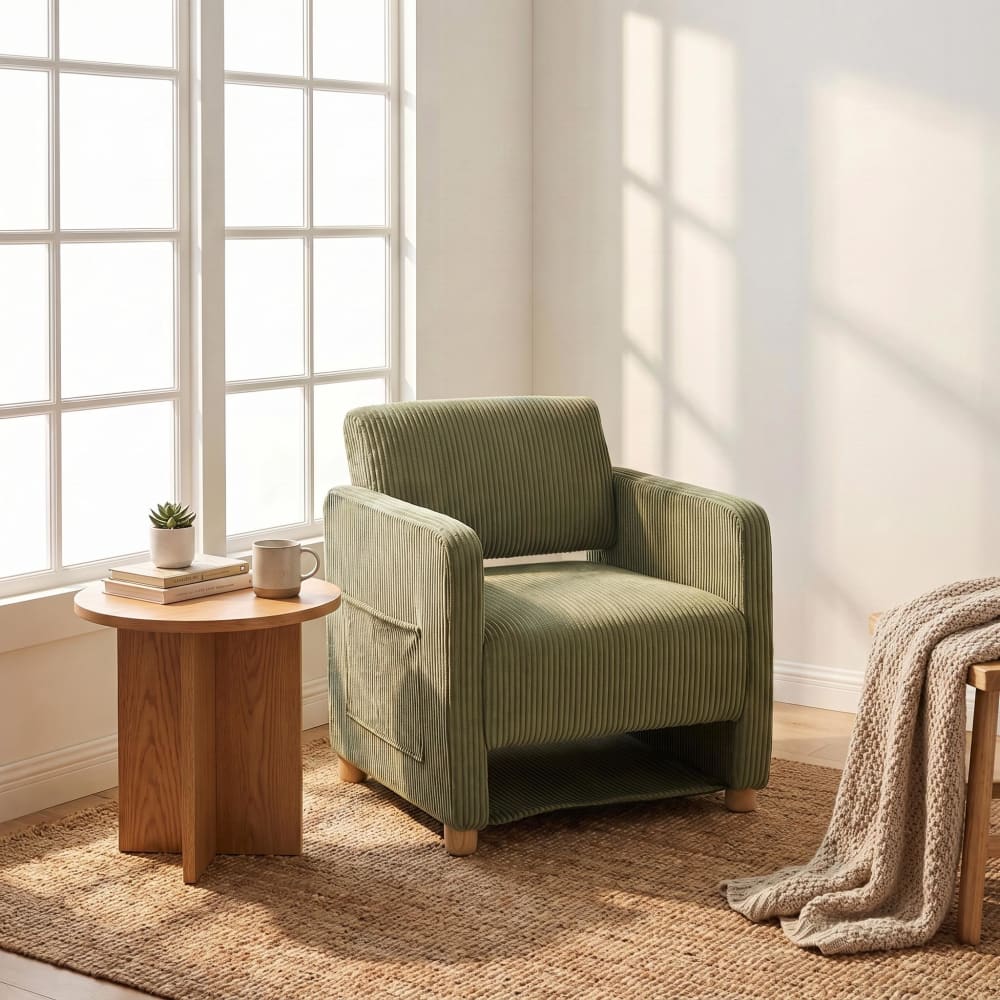 Meubles Cosy Fauteuil en velours côtelé avec sac de rangement vert Vert 66x76x73cm