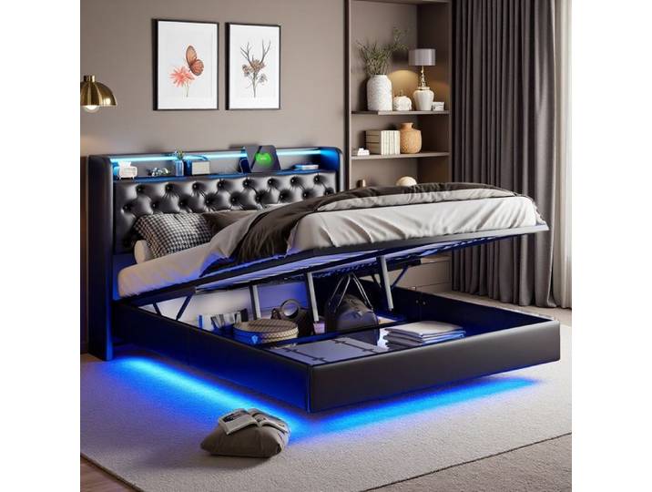 Lit Double 160x200 - Coffre avec Fonction Soulèvement - LED RGB - USB-C - Design Chic Noir