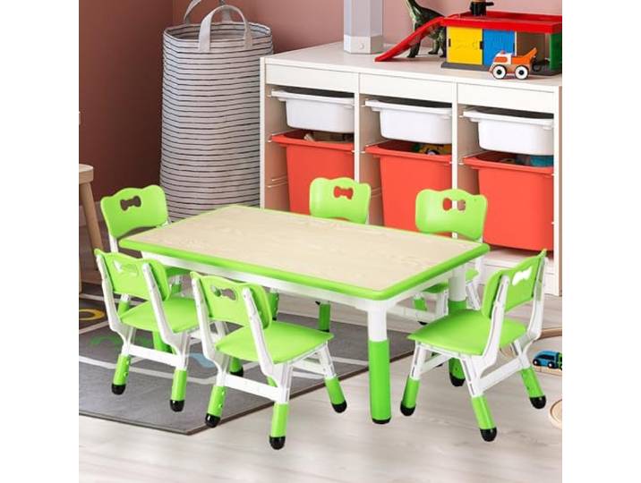 JustSmart Kinder Tisch- & Stuhlset 7-teilig (1 Tisch + 6 Stühle) – höhenverstellbarer Kindertisch, Graffiti-/Maltischplatte, rutschfeste Beine, für Zuhause, Kita & Klassenzimmer, Lake Blue