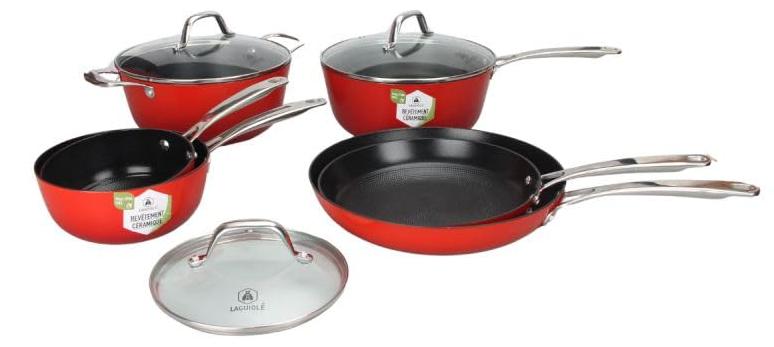 Gusseisen-Kochset, 9-teilig, rot, Töpfe 16-18 cm, Pfannen 24-28 cm
