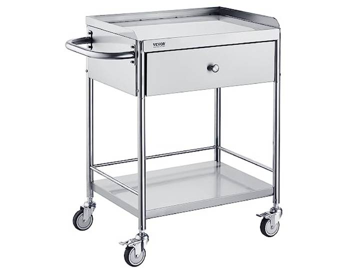 VEVOR Zweistöckiger Laborwagen Gerätewagen Medizintechnik Servierwagen 201 Edelstahl Tragbar Abräumwagen mit Schubladen 100 kg Tragfähigkeit, 710 x 421 x 785 mm (mit Griff) Labor Rollwagen