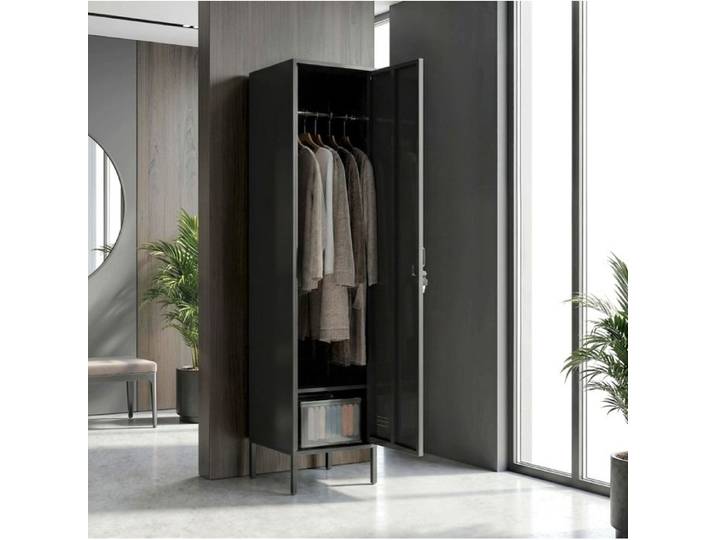 Armoire Metallique Noire 1 Porte Vestiaire Acier FloraGrace Pour Chambre Ou Bureau Tringle Et Rangement 40x40x179cm
