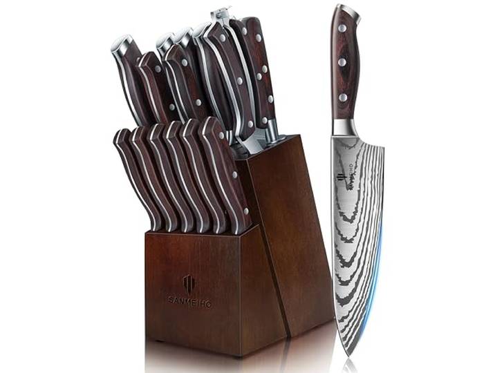 SANMEIHO Messerset 16 teilig Japanisches Küchenmesser Set mit Block Holz Edelstahl Rostfrei Ultrascharf, Professionelles Kochmesser Komplettset, Schärfer Wetzstahl, Multifunktions Schere