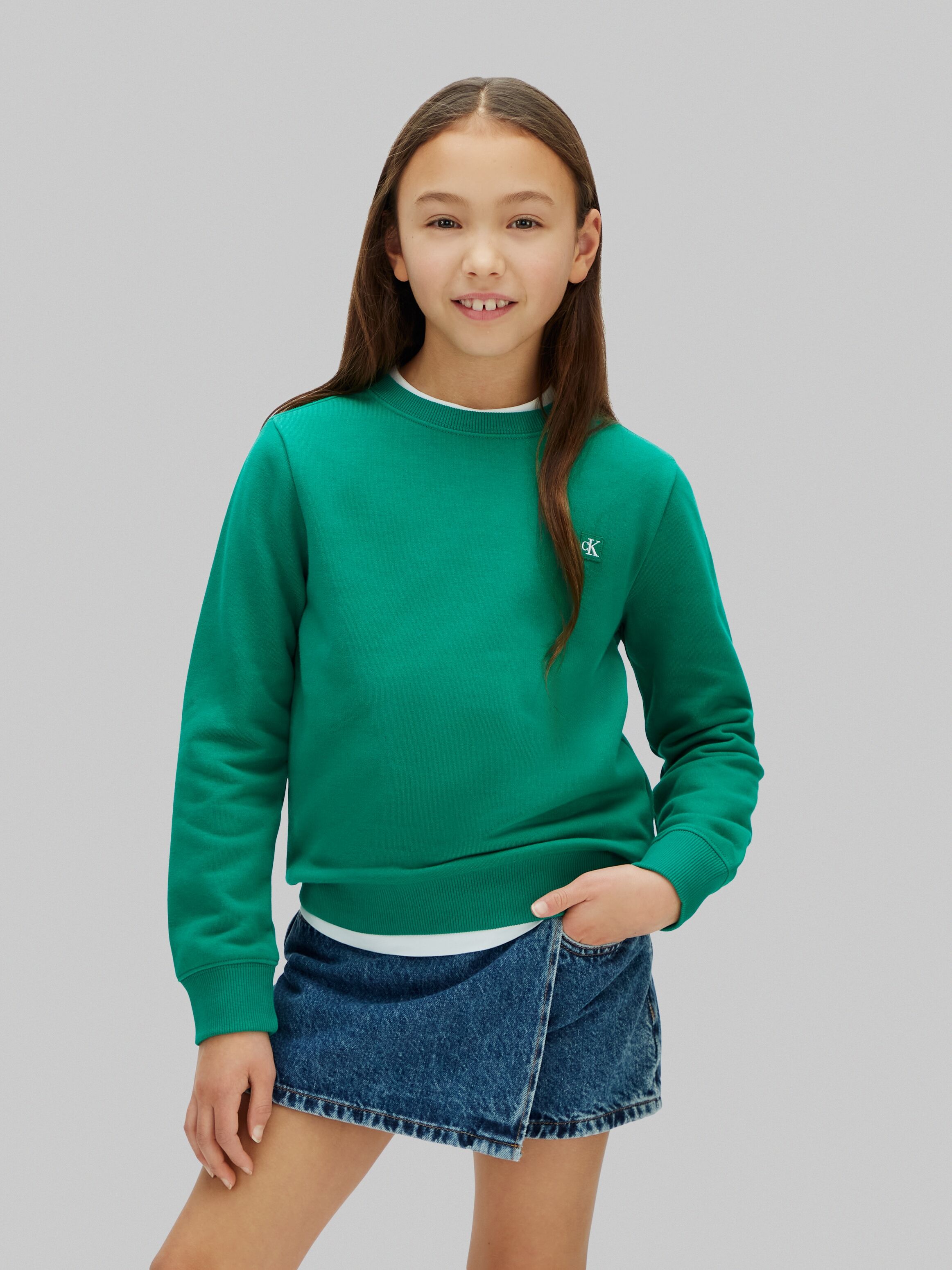 Sweatshirt CALVIN KLEIN JEANS "MINI BADGE", Jungen, Gr. 16 (176), grün (lush meadow), Sweatware, Obermaterial: 100% Baumwolle, unifarben, regular fit normal, Rundhals, eingesetzt Rippbündchen, Sweatshirts Sweatshirt, Regular fit für Kinder lush meadow 16 