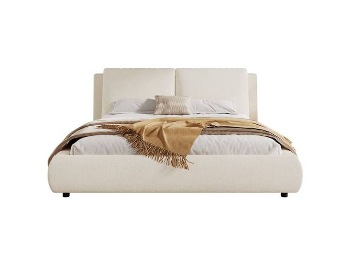Lit double SENVIRO rembourre 180 x 200 cm sommier a lattes inclus tete de lit epaisse en bouclette beige sans matelas