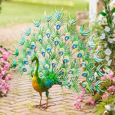 Evergreen Colorful Metal Indoor/Outdoor Standing Peacock Sculpture