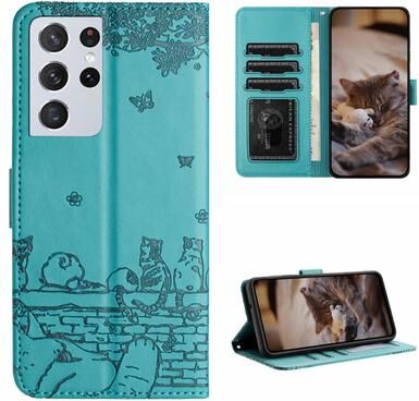 Inspired Deals Cute Cat Embossed Wallet Phone Case For Samsung Galaxy With Card Holder And Lanyard For Samsung Galaxy S21 Ultra blue