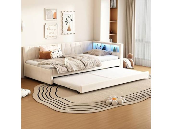 Merax Daybett 90x200 cm, Multifunktionales Schlafsofa mit Ausziehbett, USB+Typ C Ladeanschluss, Fernbedienung für LED-Umgebungslicht, Ablagefächer – Beige, Leinen (Ohne Matratze)